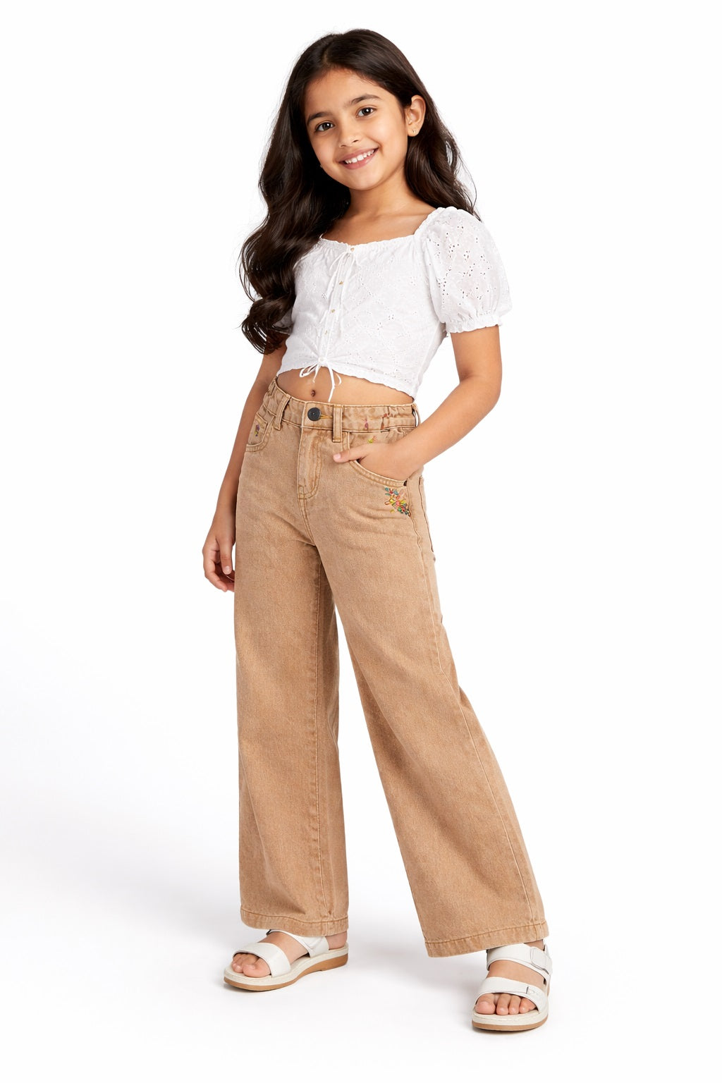 Knit N Knot Girls Tan Brown Wide Leg Cotton Denim Jeans with Elasticated Waist