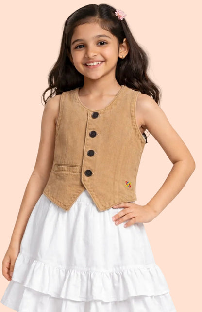 Knit N Knot Girls' Brown Cotton Denim Waistcoat Style Sleeveless Denim Top with Front Buttons