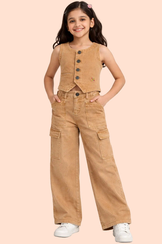 Knit N Knot Girls' Brown Cotton Denim Co-ord Set | Waistcoat Style Top with Cargo Jeans