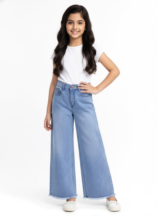 Knit N Knot Girls' Wide Flaring Fit High Waist Heavy Faded Blue Fringed Bottom Jeans