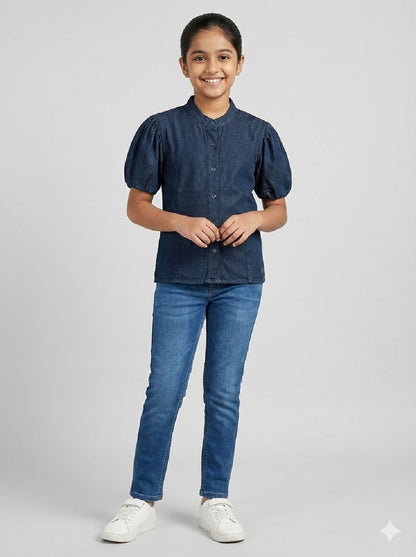 Knit N Knot Girls' Indigo Denim Shirt-Style Top with Puff Sleeves