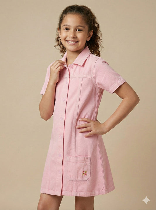 Knit N Knot Girls' Pink Denim Shirt Dress with Front Buttons & Stitch Detailing – Cotton Dress for Girls