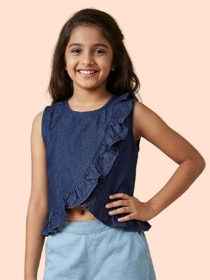 Knit N Knot Girls' Sleeveless Stylish Indigo Denim Ruffle Crop Top