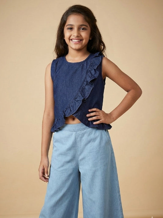 Knit N Knot Girls' Sleeveless Stylish Indigo Denim Ruffle Top