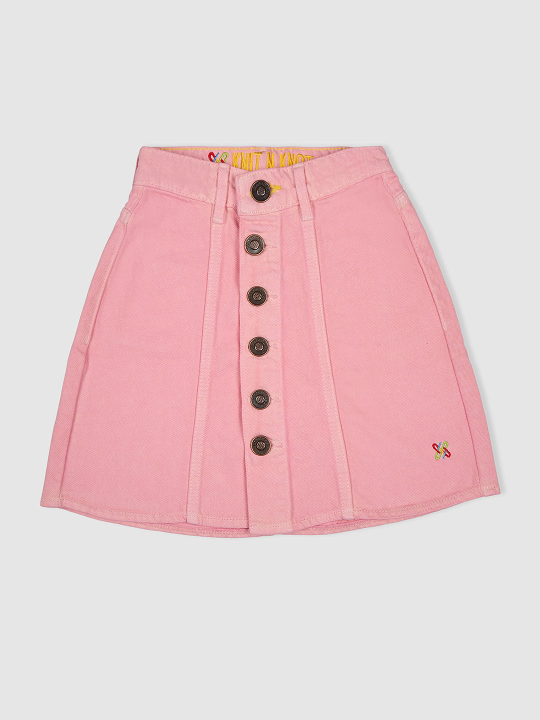 Knit N Knot Girls' Pink Denim Skirt with Front Buttons & Adjustable Waistband