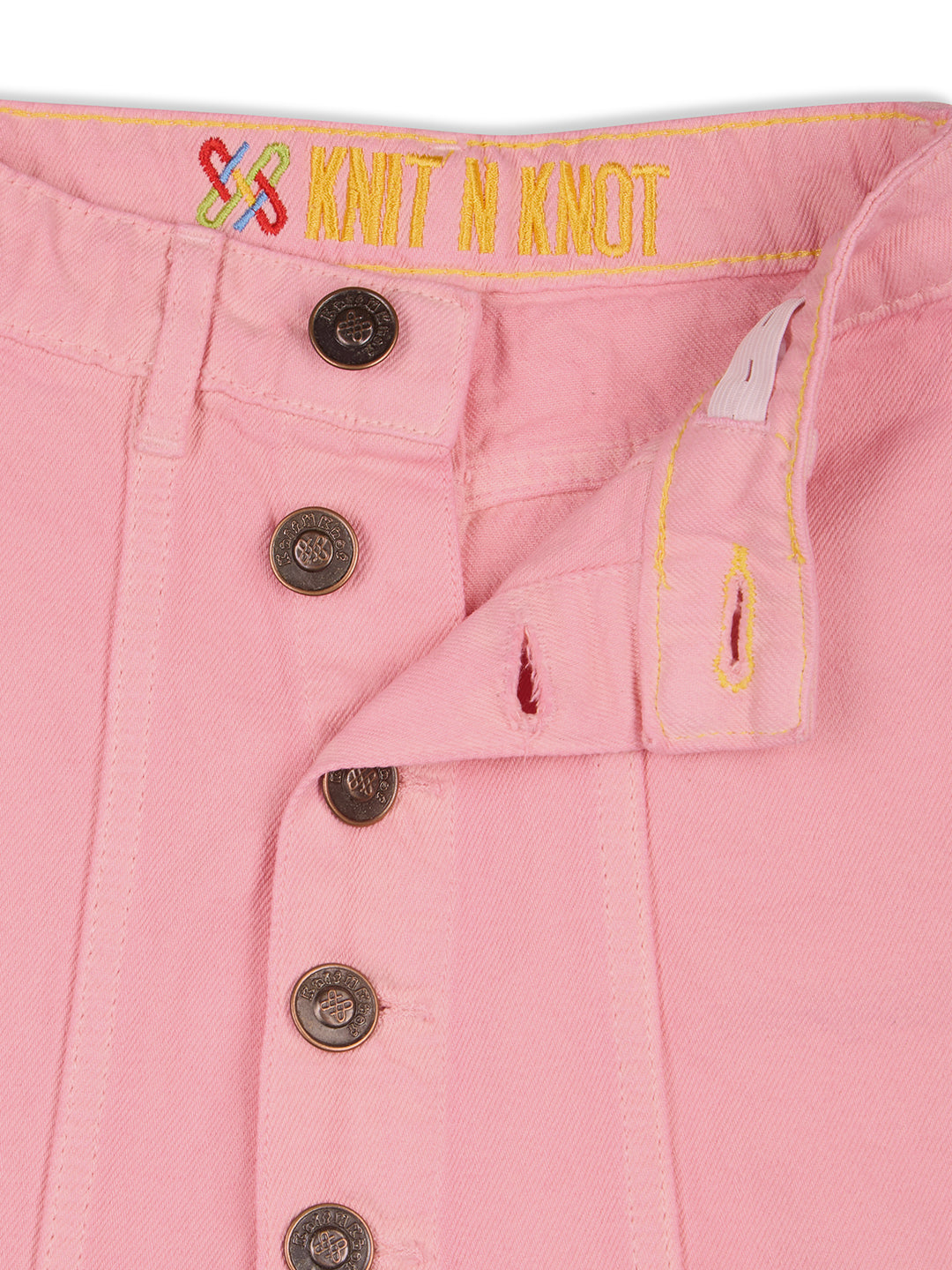 Knit N Knot Girls' Pink Denim Skirt with Front Buttons & Adjustable Waistband