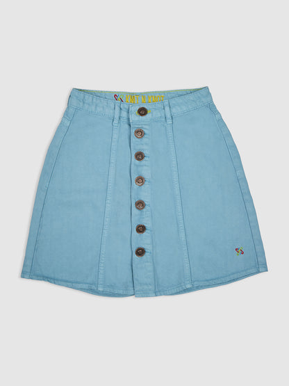 Knit N Knot Girls' Stylish Button Embellished Knee-Length Cotton Denim Turquoise Skirt