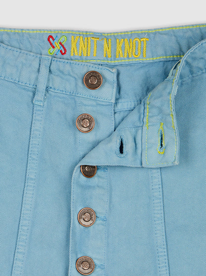 Knit N Knot Girls' Stylish Button Embellished Knee-Length Cotton Denim Turquoise Skirt