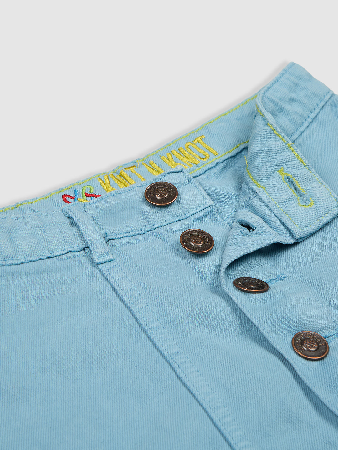 Knit N Knot Girls' Stylish Button Embellished Knee-Length Cotton Denim Turquoise Skirt