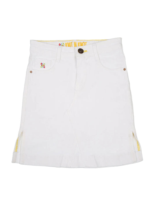 Knit N Knot Girls' Knee-Length Casual & Party Wear Milky White Cotton Denim Skirt with Side Slit