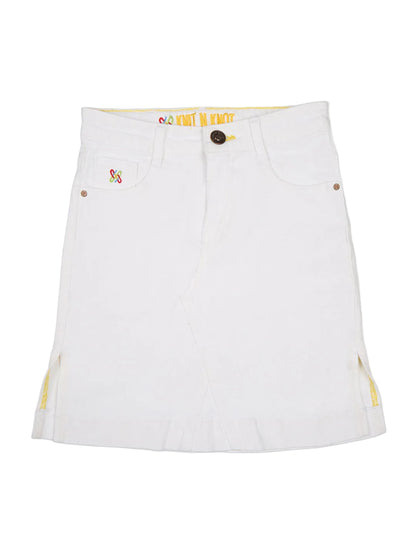Knit N Knot Girls' Knee-Length Casual & Party Wear Milky White Cotton Denim Skirt with Side Slit