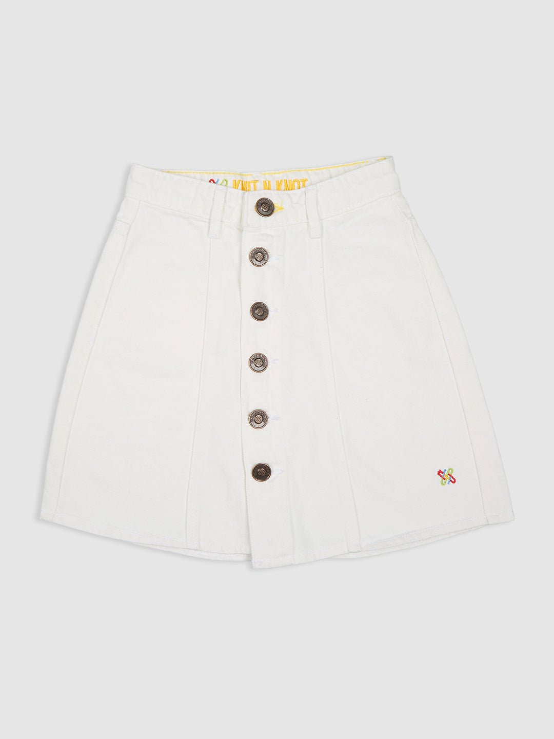 Knit N Knot Girls' Knee-Length Milky White Button Embellished Cotton Denim  Skirt