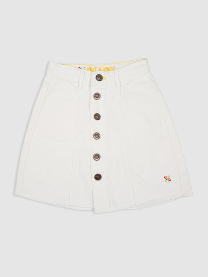 Knit N Knot Girls' Knee-Length Milky White Button Embellished Cotton Denim  Skirt