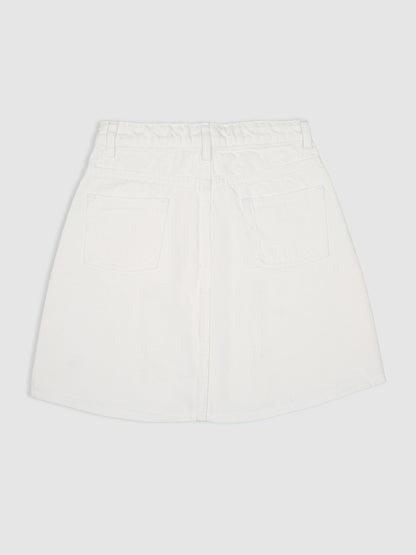 Knit N Knot Girls' Knee-Length Milky White Button Embellished Cotton Denim  Skirt