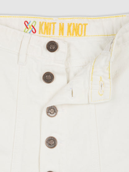 Knit N Knot Girls' Knee-Length Milky White Button Embellished Cotton Denim  Skirt