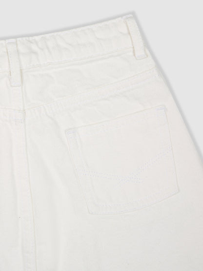 Knit N Knot Girls' Knee-Length Milky White Button Embellished Cotton Denim  Skirt