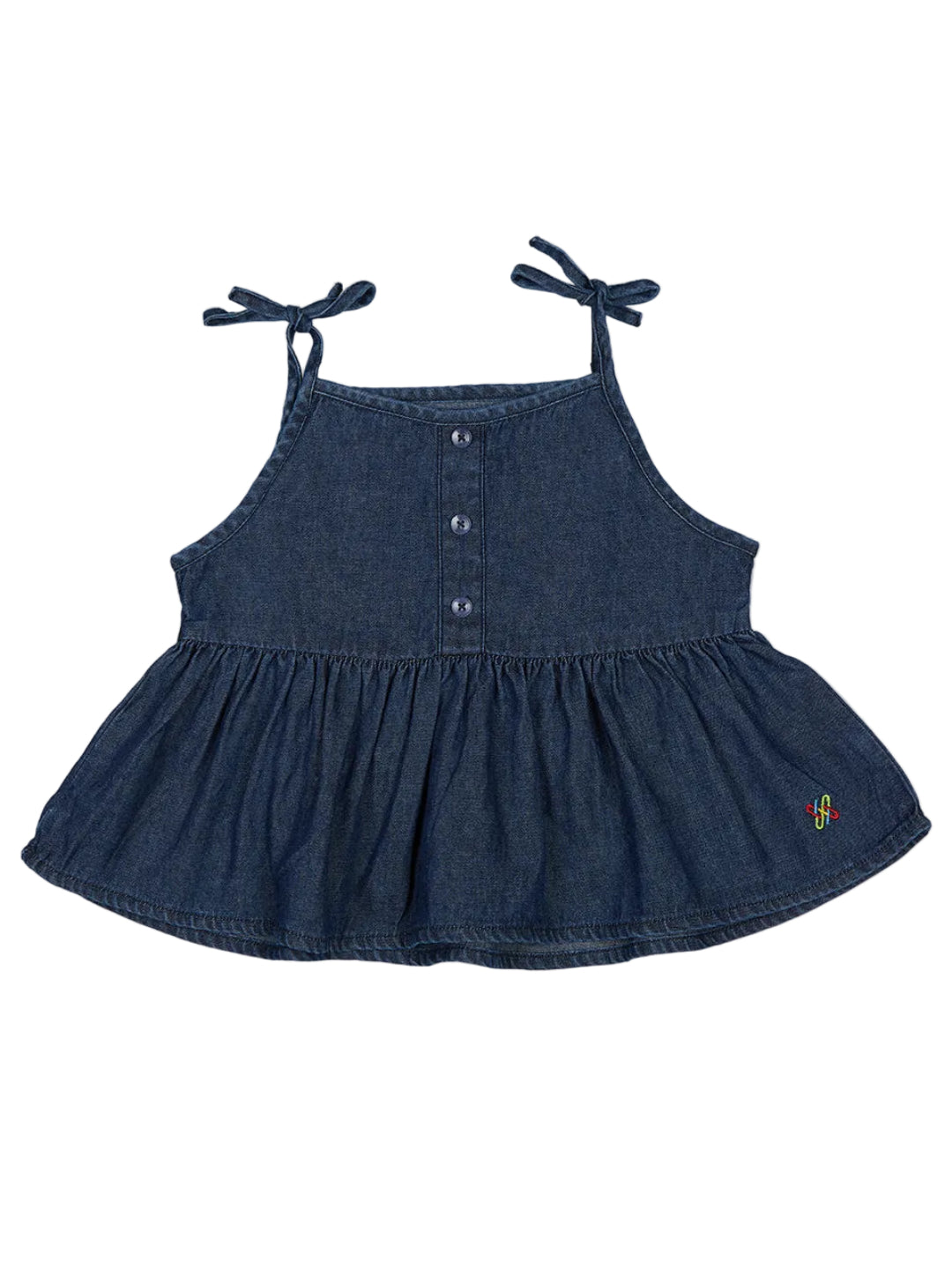 Knit N Knot Girls' Indigo Sleeveless Denim Top with Adjustable Tie-Straps & Frilled Hem