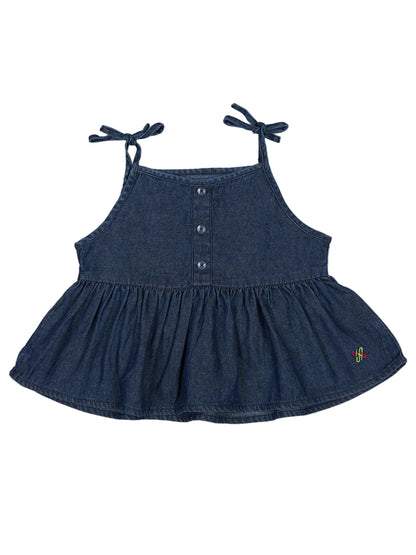 Knit N Knot Girls' Indigo Sleeveless Denim Top with Adjustable Tie-Straps & Frilled Hem