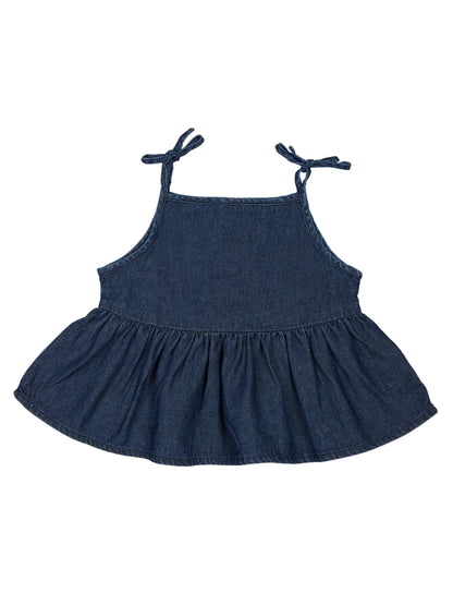 Knit N Knot Girls' Indigo Sleeveless Denim Top with Adjustable Tie-Straps & Frilled Hem