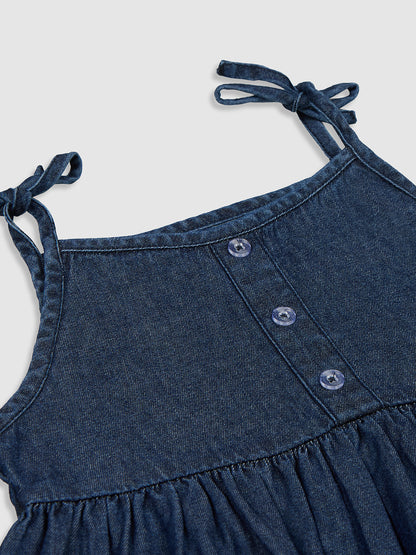 Knit N Knot Girls' Indigo Sleeveless Denim Top with Adjustable Tie-Straps & Frilled Hem