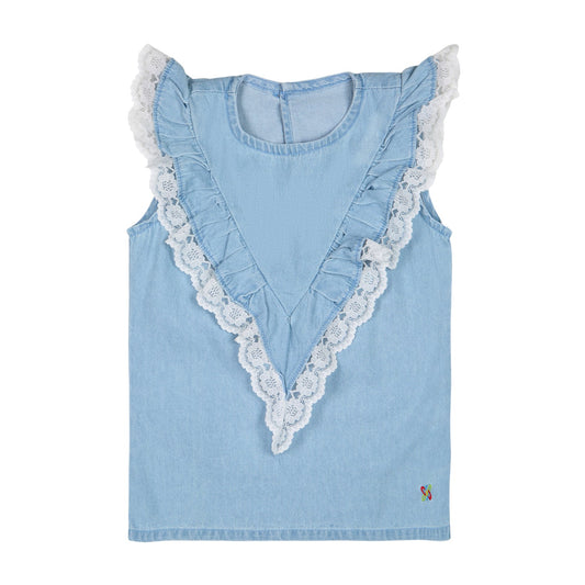 Knit N Knot Girls' Light Blue Sleeveless Denim Top with V-Shaped Ruffle & Lace