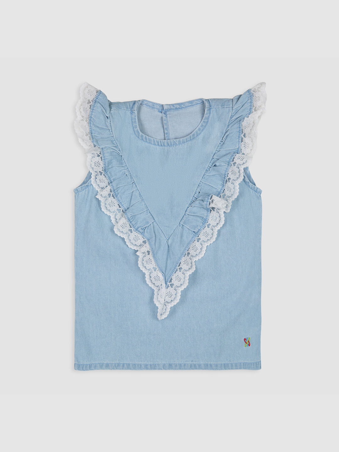 Knit N Knot Girls' Light Blue Denim Co-ord Set of Sleeveless V-Lace Top & Lace Embellished Wide Leg Palazzo