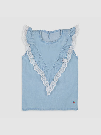 Knit N Knot Girls' Light Blue Denim Co-ord Set of Sleeveless V-Lace Top & Lace Embellished Wide Leg Palazzo
