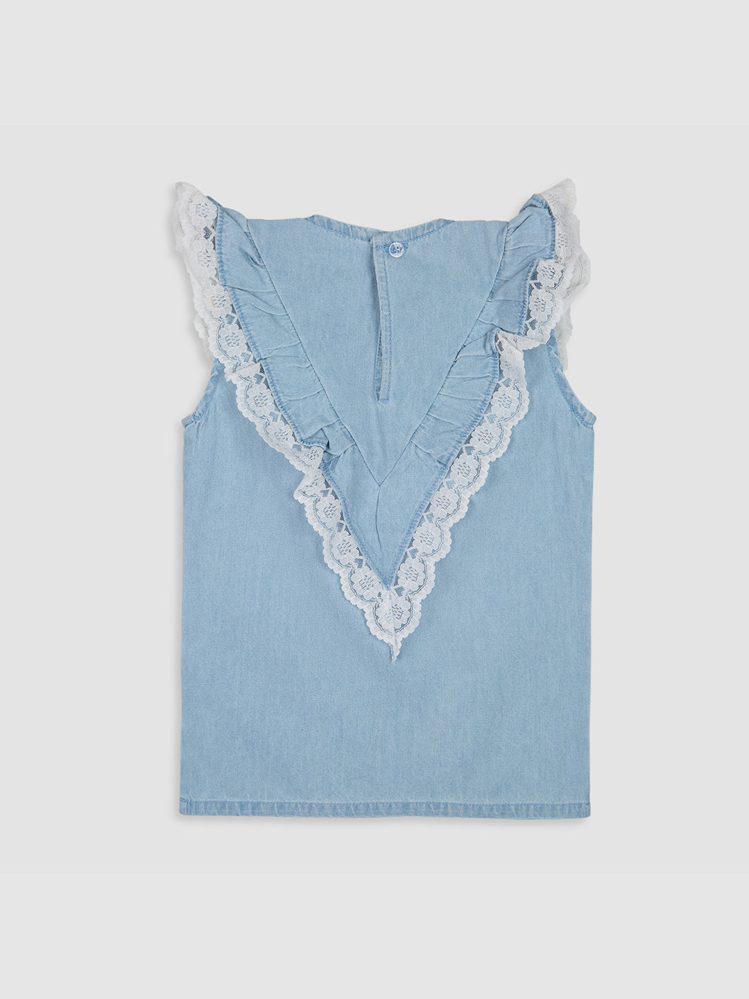 Knit N Knot Girls' Light Blue Denim Co-ord Set of Sleeveless V-Lace Top & Lace Embellished Wide Leg Palazzo