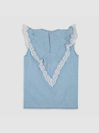 Knit N Knot Girls' Light Blue Denim Co-ord Set of Sleeveless V-Lace Top & Lace Embellished Wide Leg Palazzo