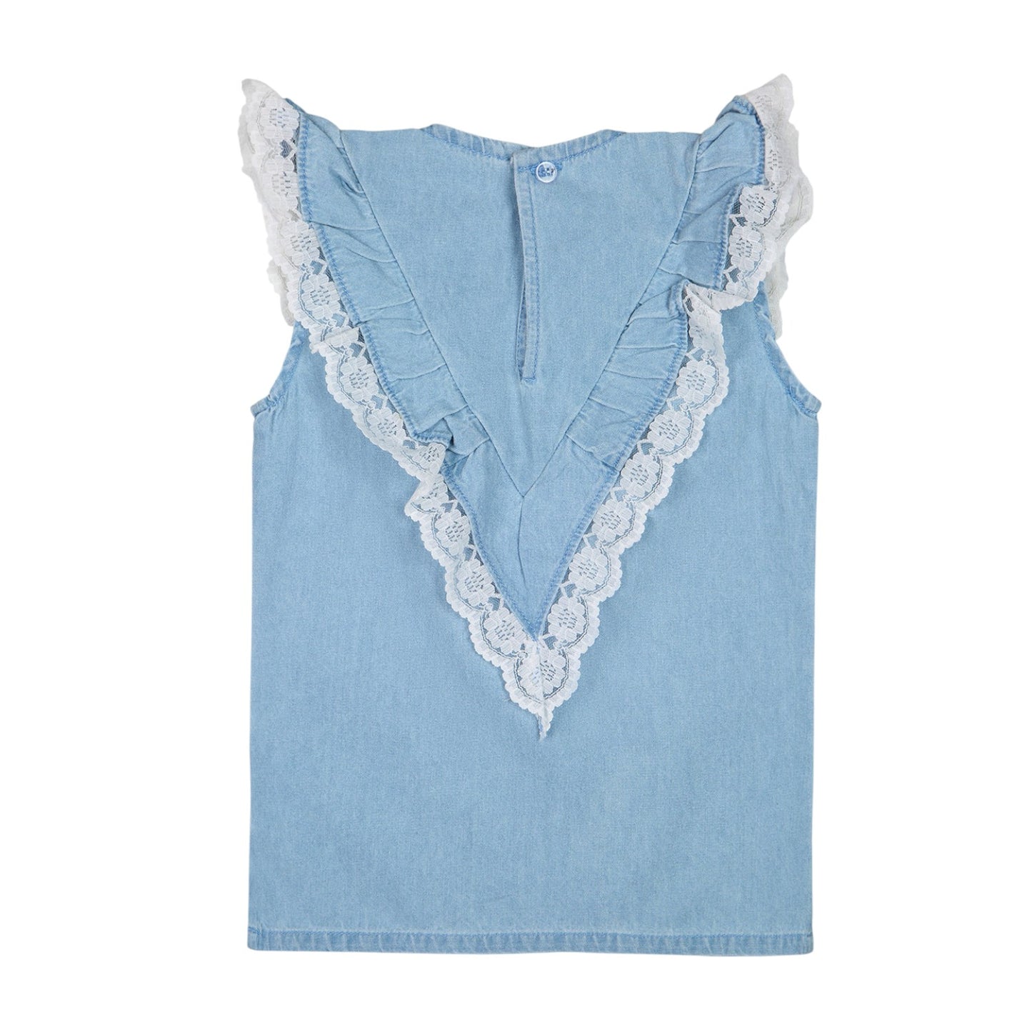 Knit N Knot Girls' Light Blue Sleeveless Denim Top with V-Shaped Ruffle & Lace