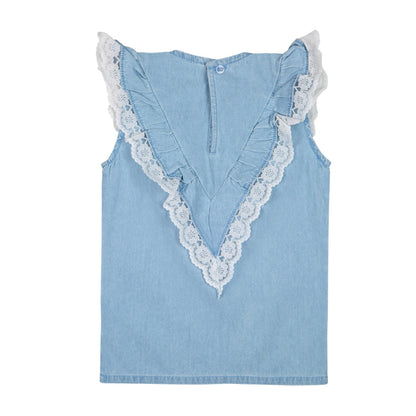 Knit N Knot Girls' Light Blue Sleeveless Denim Top with V-Shaped Ruffle & Lace