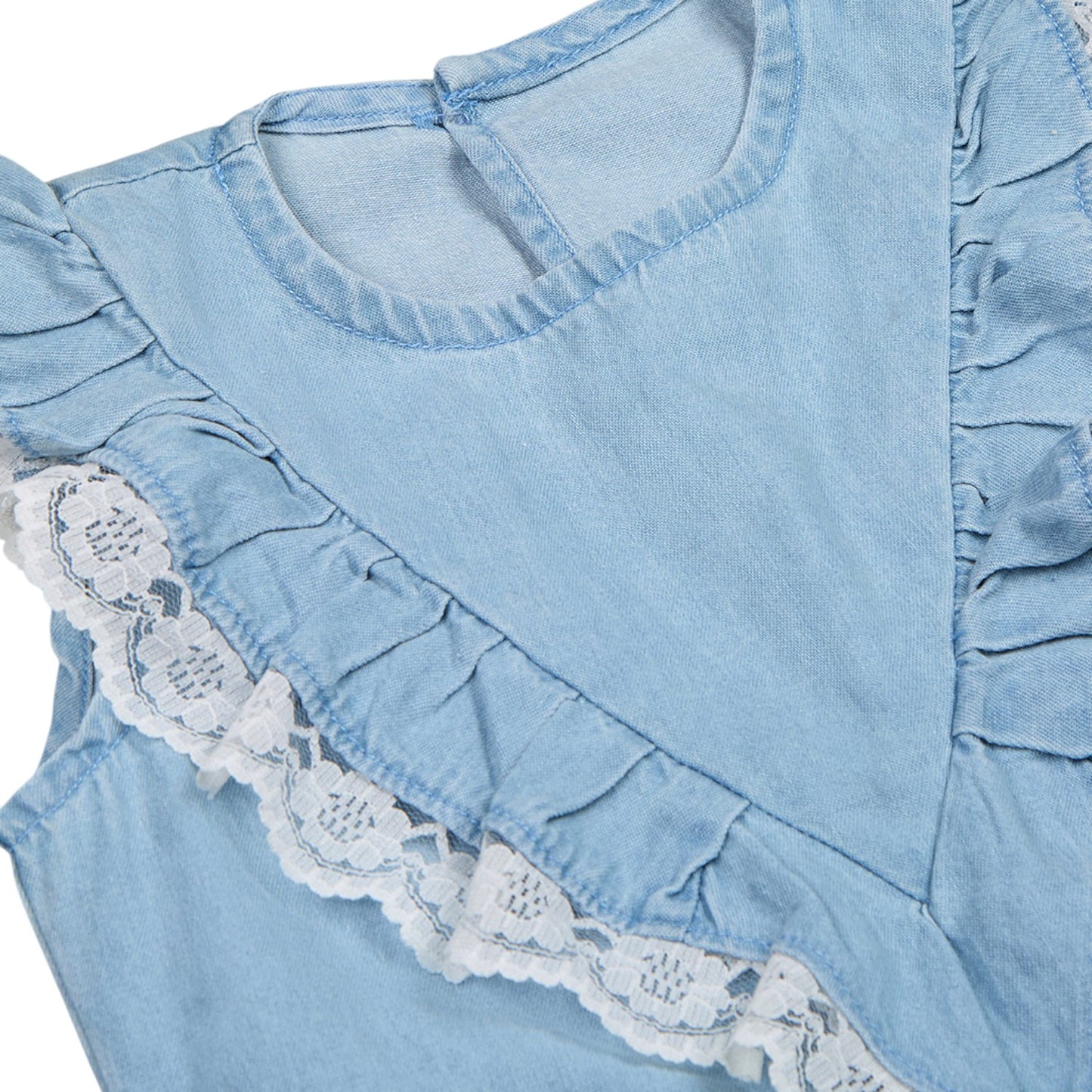 Knit N Knot Girls' Light Blue Sleeveless Denim Top with V-Shaped Ruffle & Lace