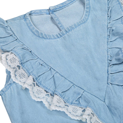 Knit N Knot Girls' Light Blue Sleeveless Denim Top with V-Shaped Ruffle & Lace