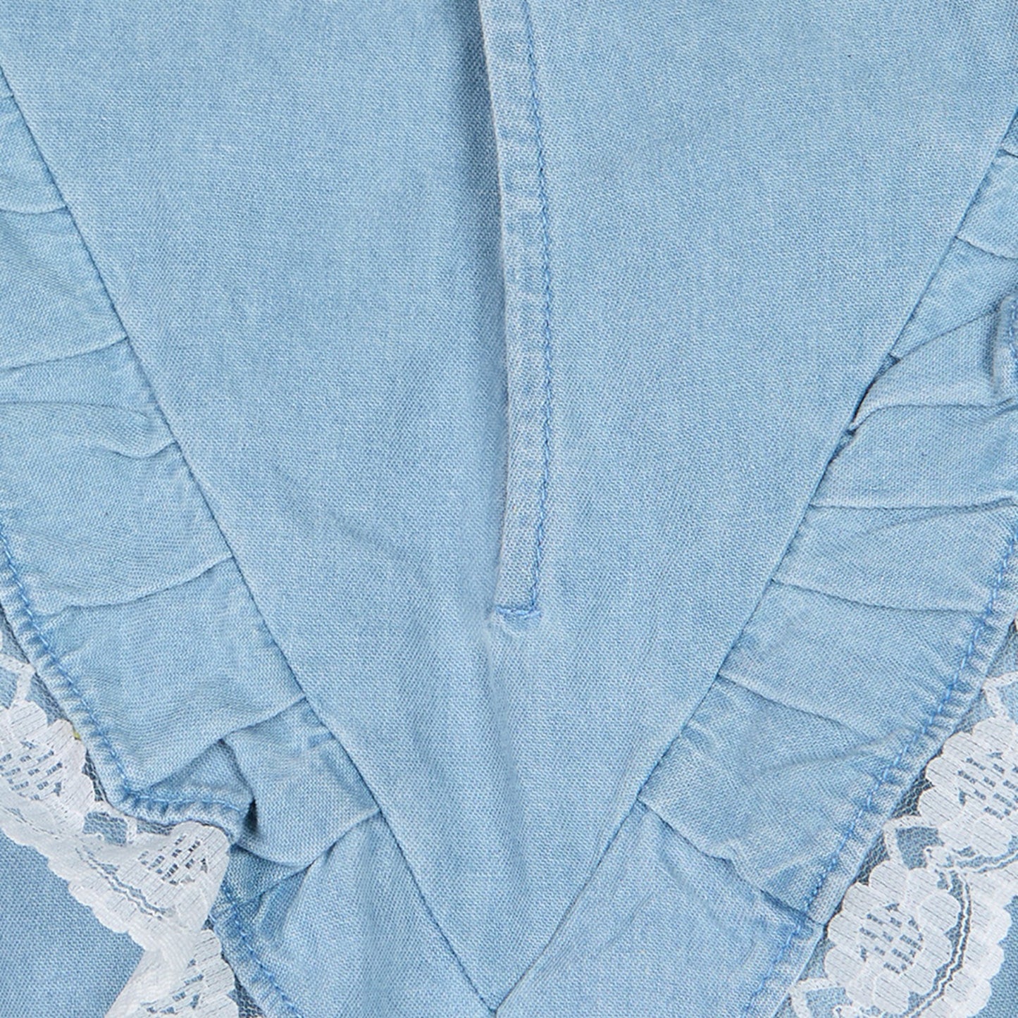 Knit N Knot Girls' Light Blue Sleeveless Denim Top with V-Shaped Ruffle & Lace