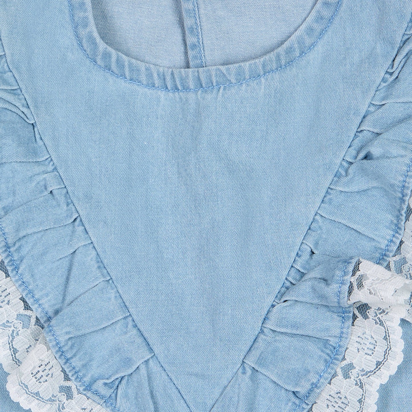 Knit N Knot Girls' Light Blue Sleeveless Denim Top with V-Shaped Ruffle & Lace