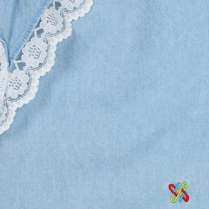 Knit N Knot Girls' Light Blue Sleeveless Denim Top with V-Shaped Ruffle & Lace