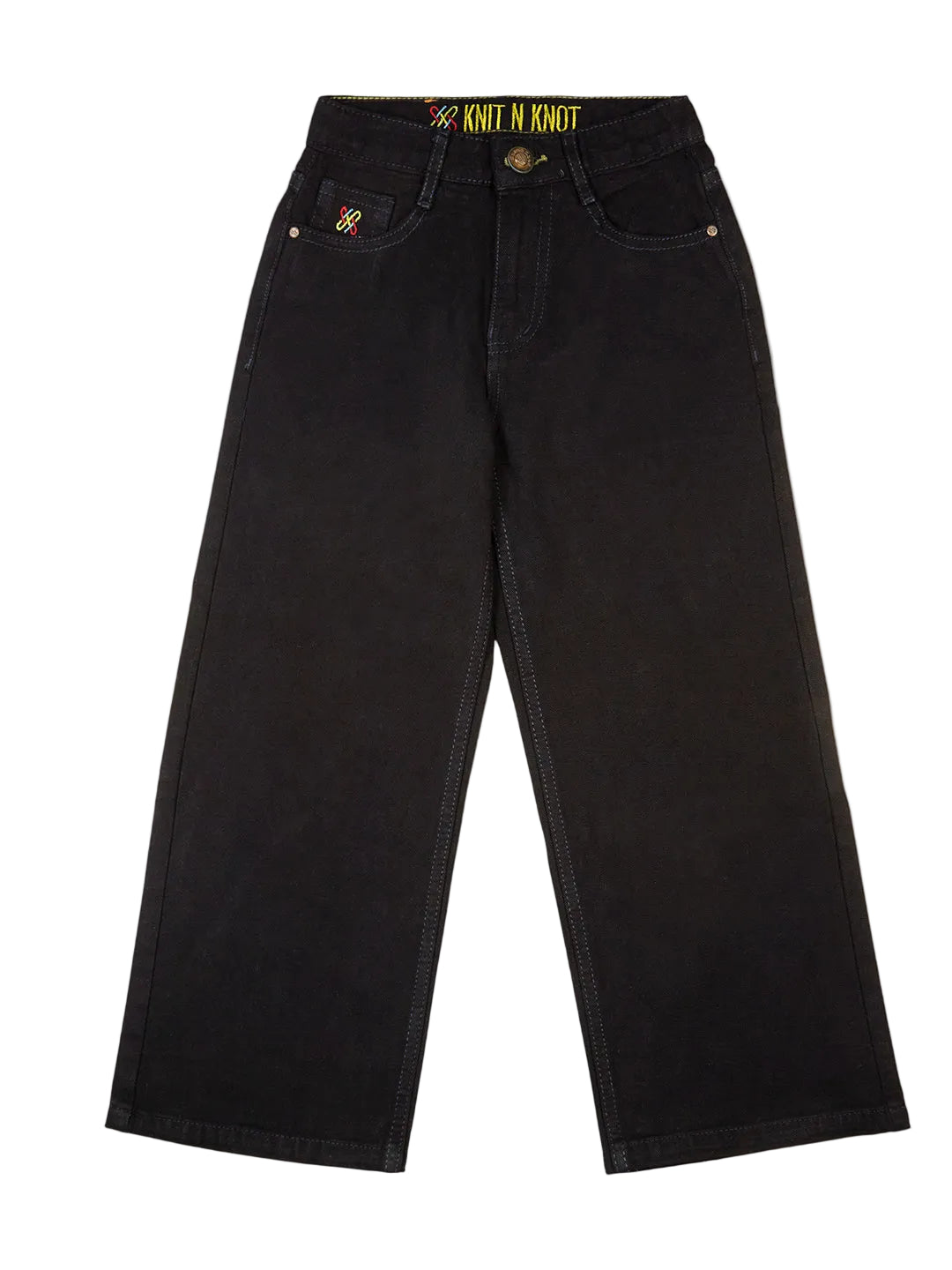 Knit N Knot Girls Jet Black High-Waist Wide Flaring Denim Jeans