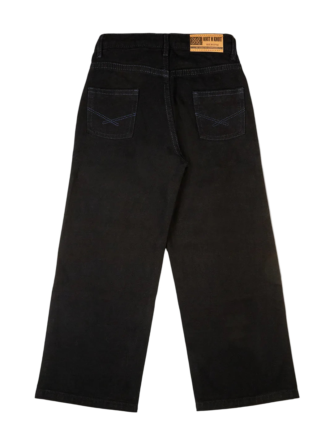 Knit N Knot Girls Jet Black High-Waist Wide Flaring Denim Jeans