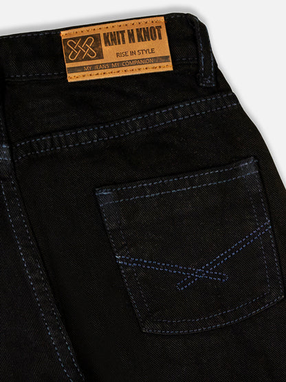 Knit N Knot Girls' Wide Flaring Fit High Waist Black Jeans with Lace Bottom