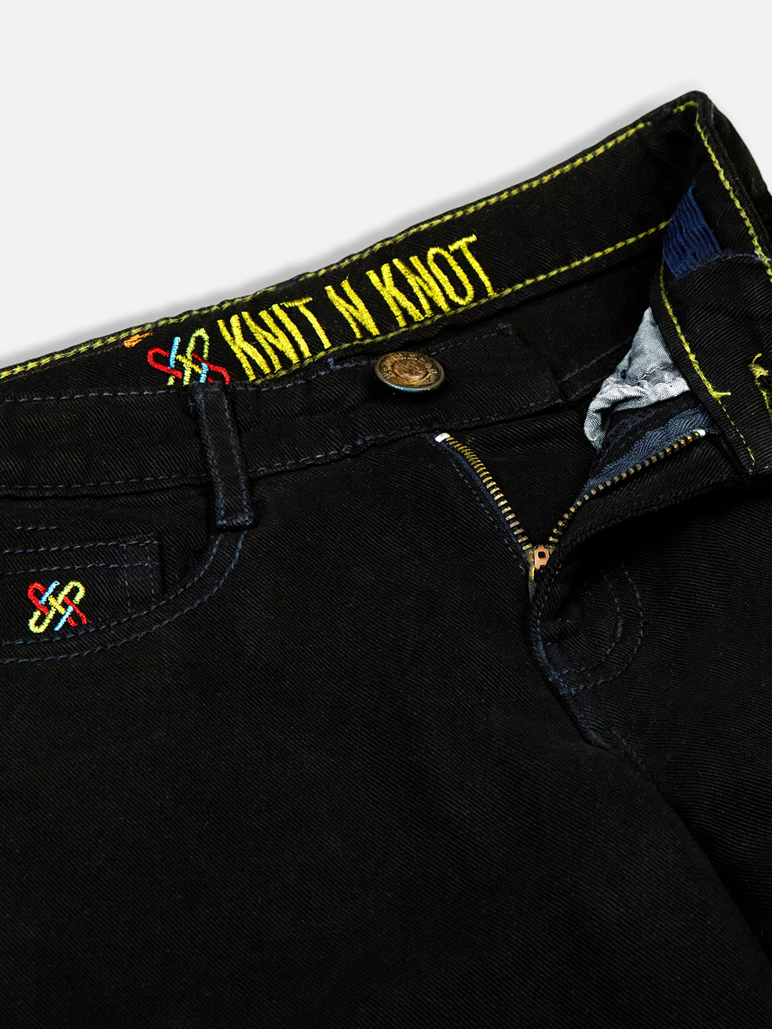 Knit N Knot Girls' Wide Flaring Fit High Waist Black Jeans with Lace Bottom