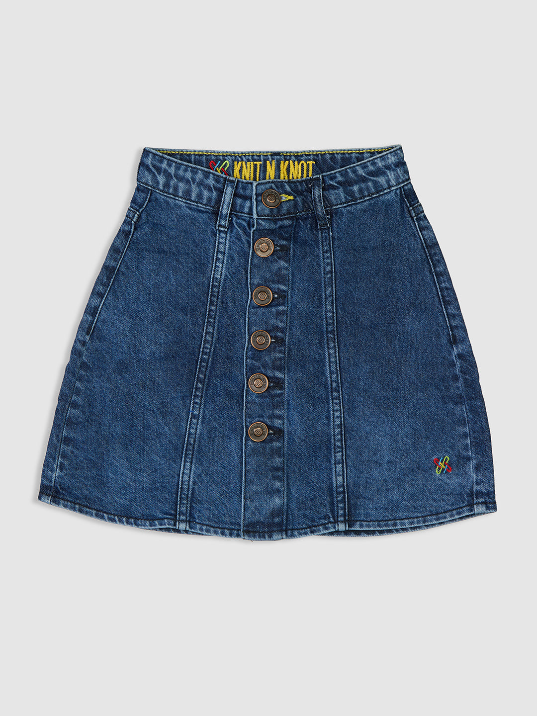 Knit N Knot Girls' Blue Faded Knee Length Button Embellished Cotton Denim Casual Skirt