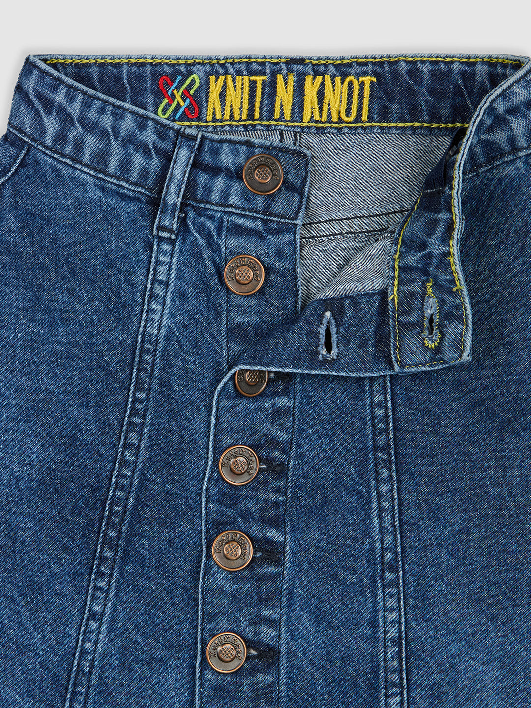 Knit N Knot Girls' Blue Faded Knee Length Button Embellished Cotton Denim Casual Skirt