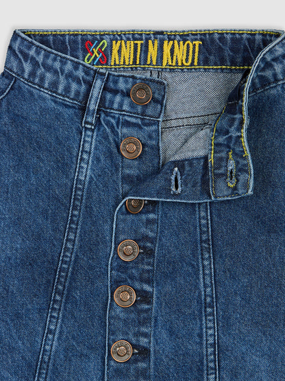 Knit N Knot Girls' Blue Faded Knee Length Button Embellished Cotton Denim Casual Skirt