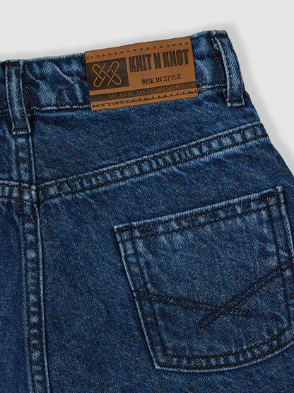 Knit N Knot Girls' Blue Faded Knee Length Button Embellished Cotton Denim Casual Skirt