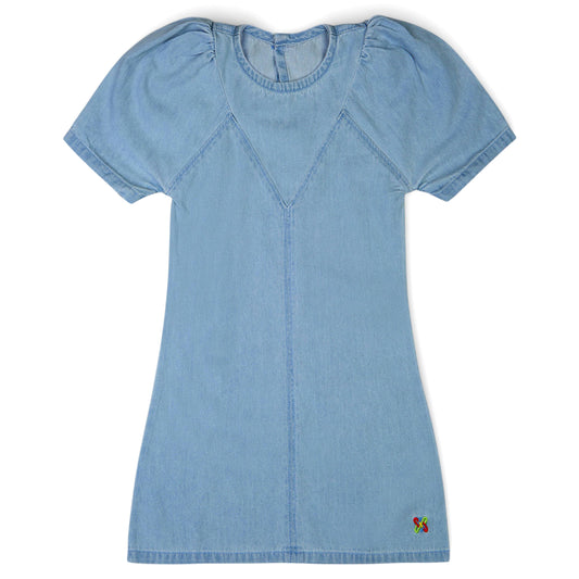 Knit N Knot Girls' Light Blue Denim Dress with Stylish Stitch and Puff Sleeves