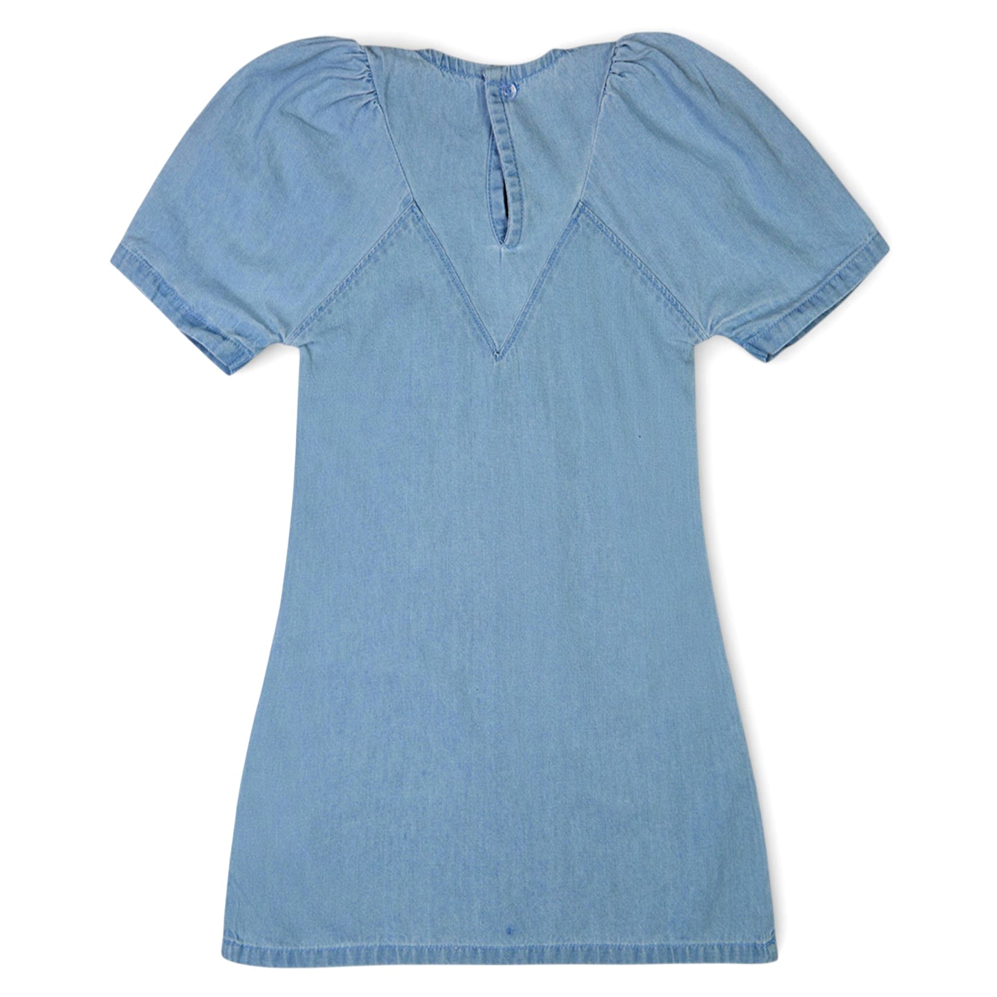 Knit N Knot Girls' Light Blue Denim Dress with Stylish Stitch and Puff Sleeves