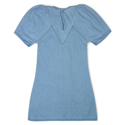 Knit N Knot Girls' Light Blue Denim Dress with Stylish Stitch and Puff Sleeves