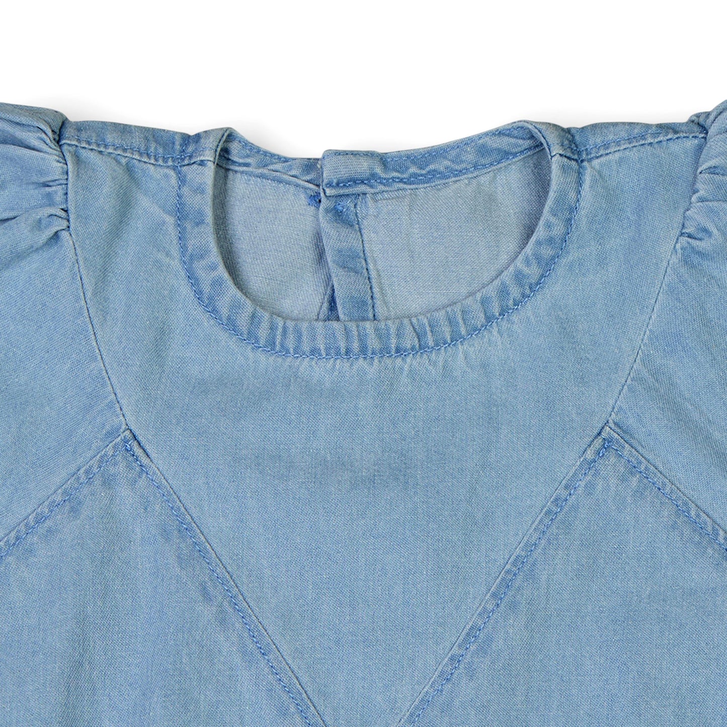 Knit N Knot Girls' Light Blue Denim Dress with Stylish Stitch and Puff Sleeves