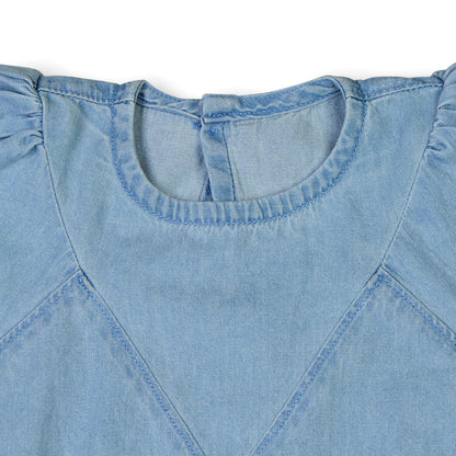 Knit N Knot Girls' Light Blue Denim Dress with Stylish Stitch and Puff Sleeves