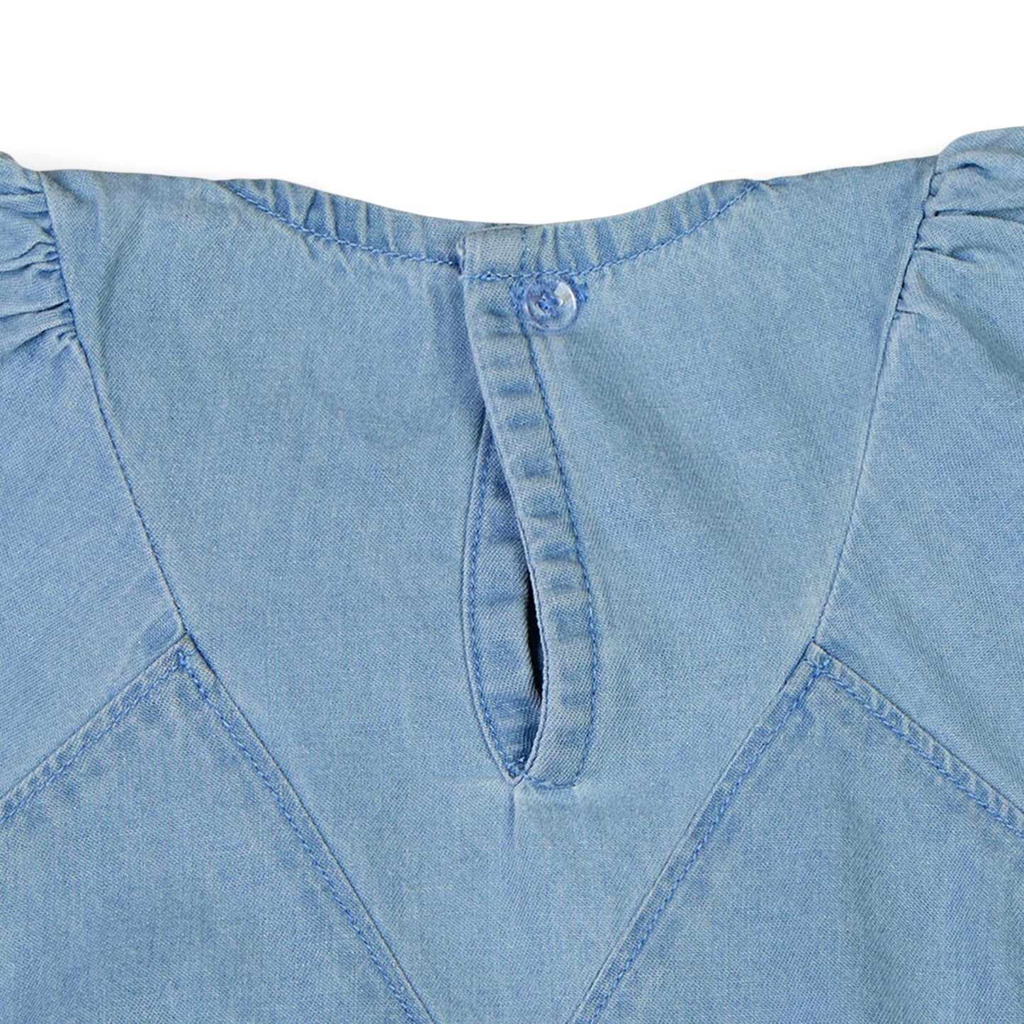 Knit N Knot Girls' Light Blue Denim Dress with Stylish Stitch and Puff Sleeves